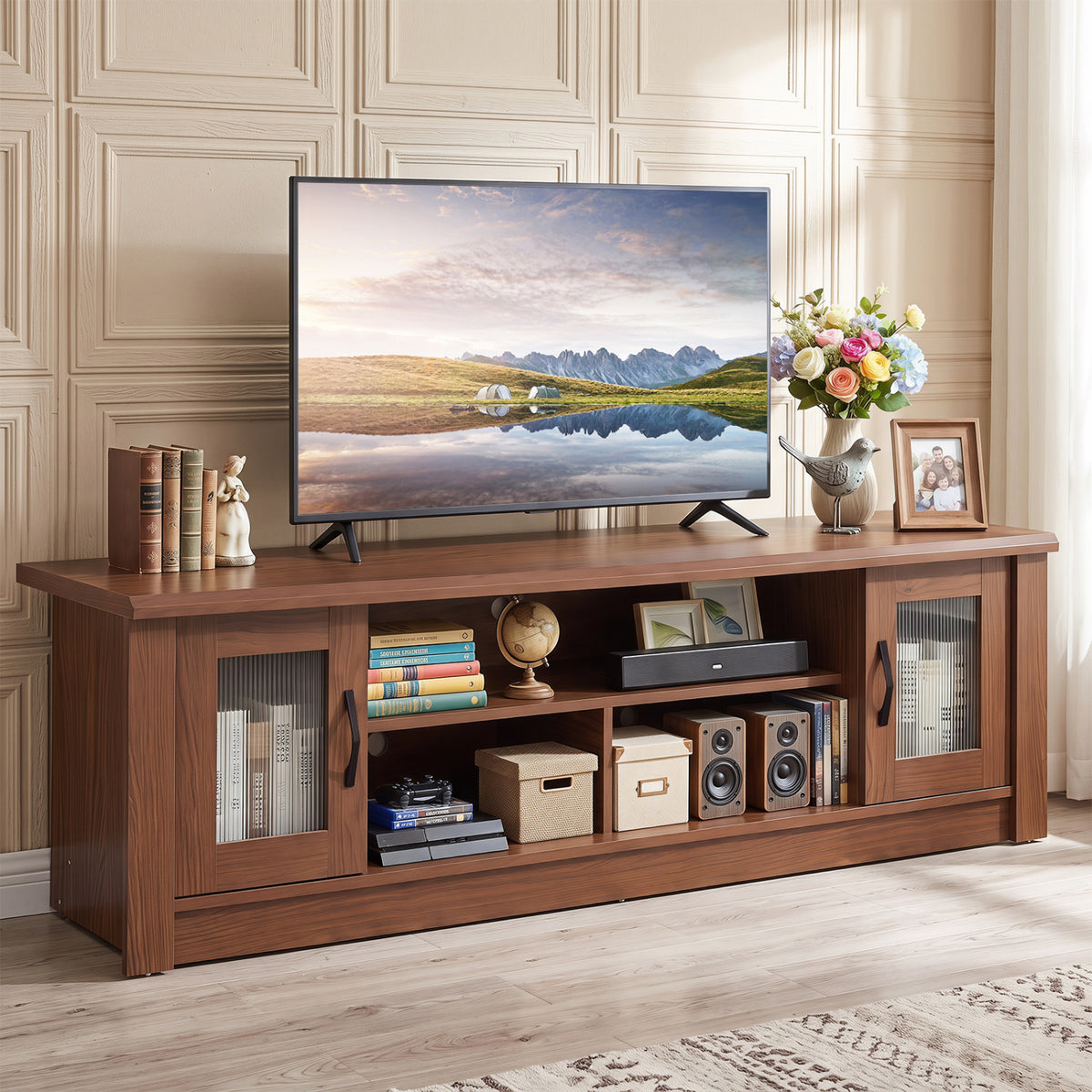 63â Wooden Farmhouse TV Stand for 70" TVs with 2 Fluted Doors and 3 Open Compartments