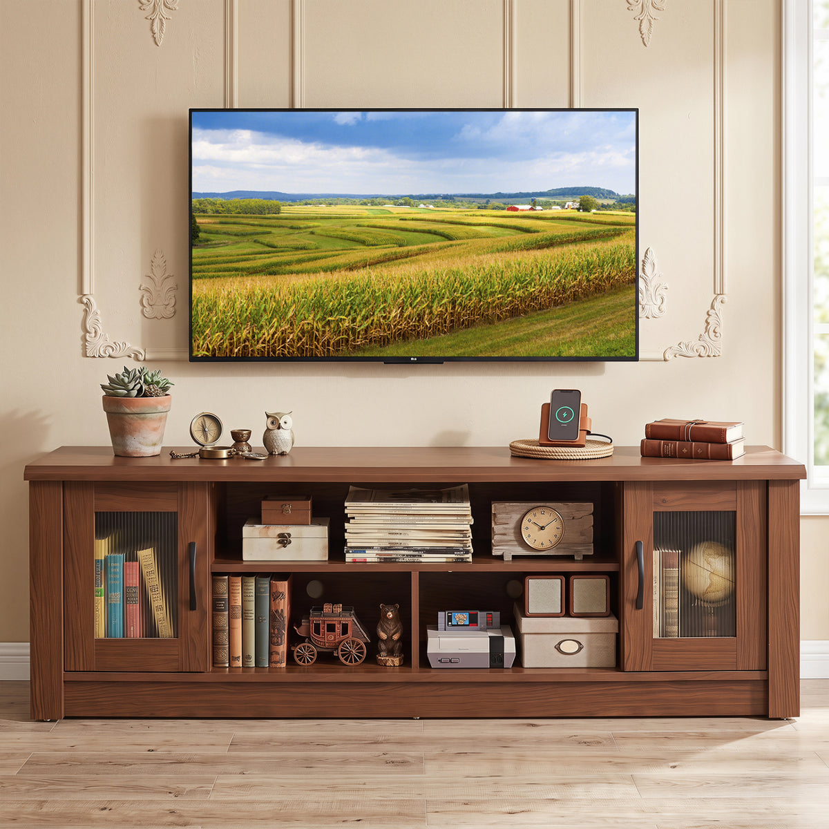 63â Wooden Farmhouse TV Stand for 70" TVs with 2 Fluted Doors and 3 Open Compartments