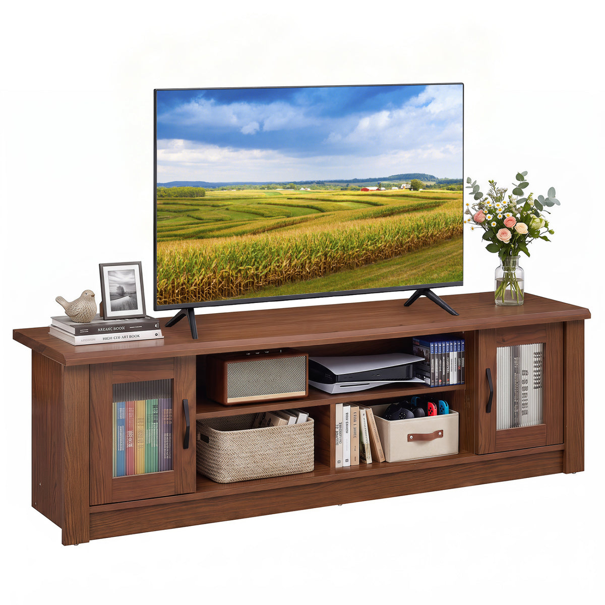 63â Wooden Farmhouse TV Stand for 70" TVs with 2 Fluted Doors and 3 Open Compartments