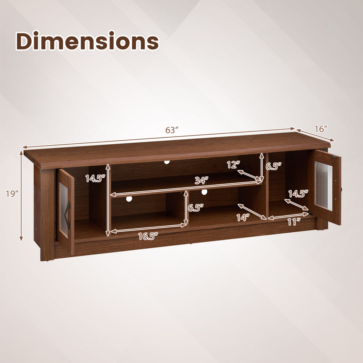 63â Wooden Farmhouse TV Stand for 70" TVs with 2 Fluted Doors and 3 Open Compartments