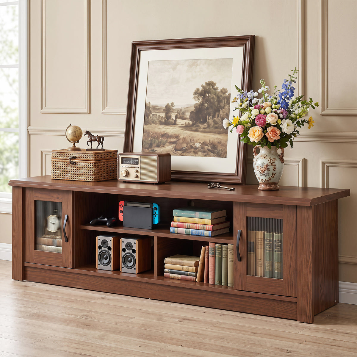 63â Wooden Farmhouse TV Stand for 70" TVs with 2 Fluted Doors and 3 Open Compartments
