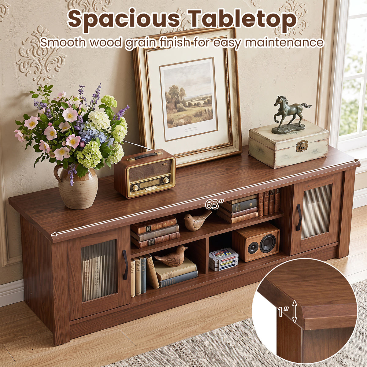 63â Wooden Farmhouse TV Stand for 70" TVs with 2 Fluted Doors and 3 Open Compartments