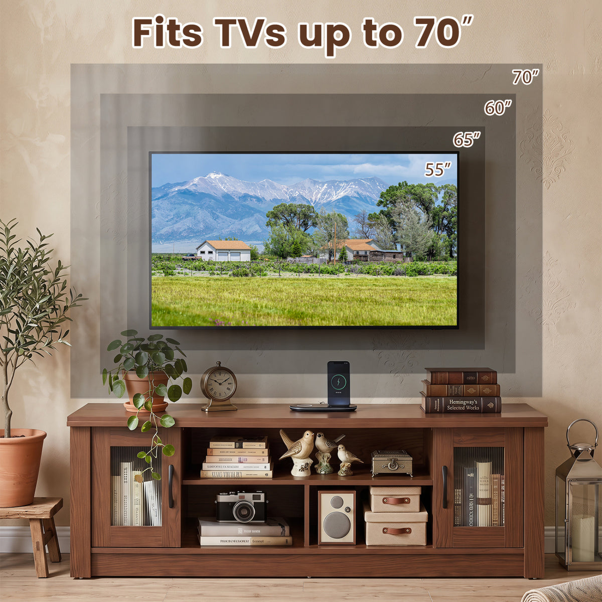63â Wooden Farmhouse TV Stand for 70" TVs with 2 Fluted Doors and 3 Open Compartments