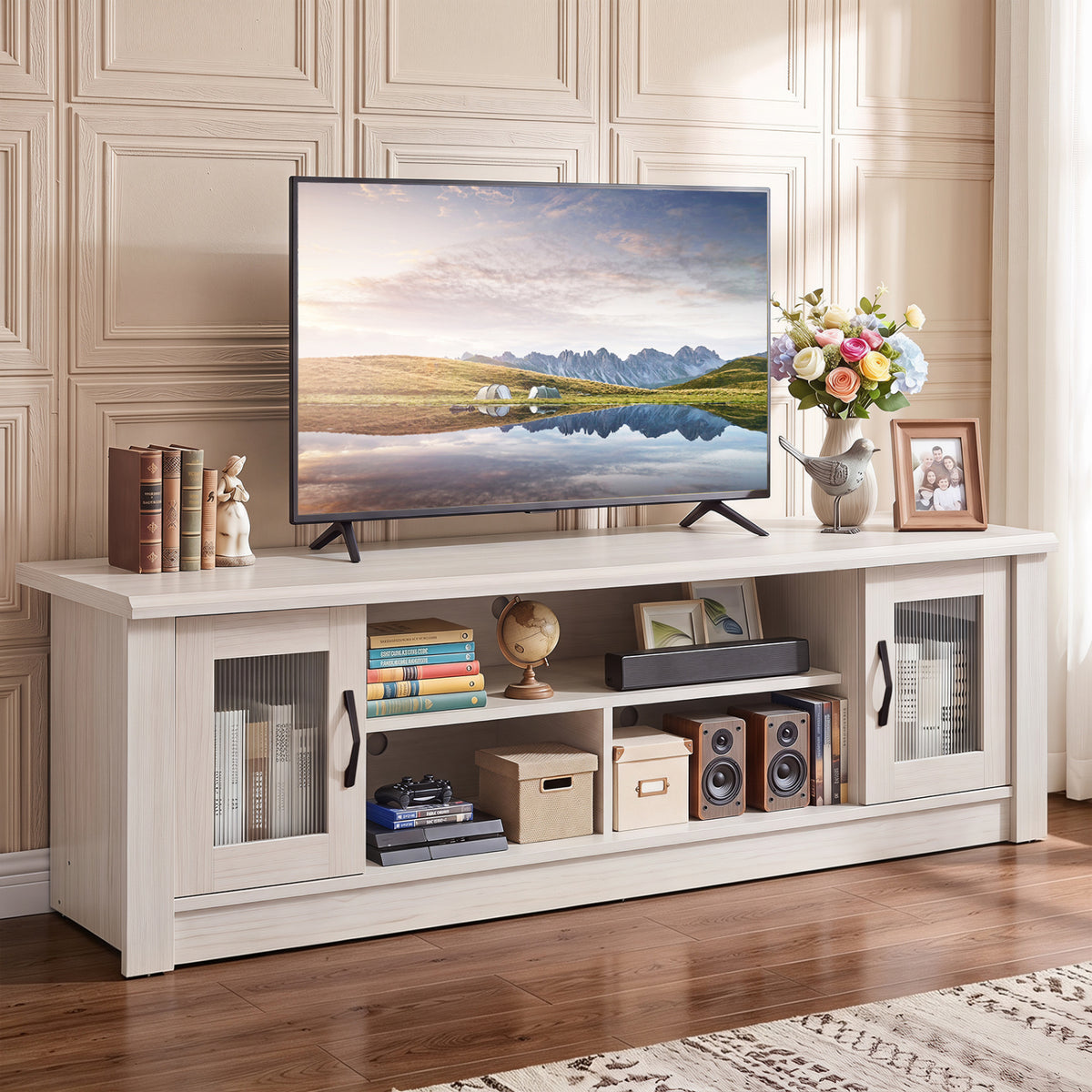 63â Wooden Farmhouse TV Stand for 70" TVs with 2 Fluted Doors and 3 Open Compartments