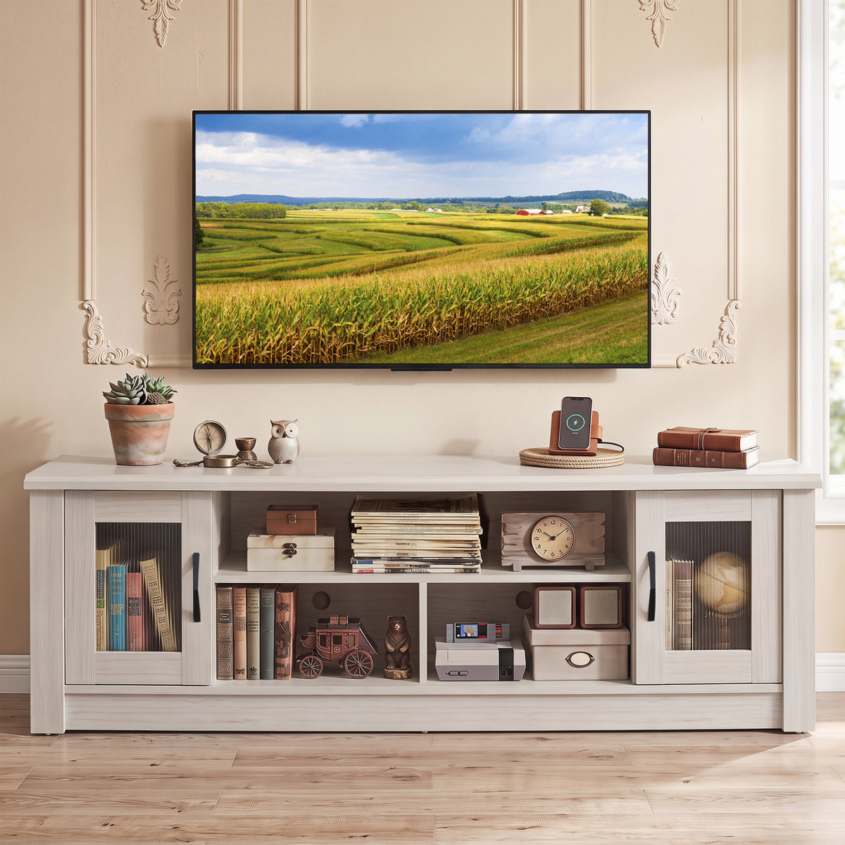 63â Wooden Farmhouse TV Stand for 70" TVs with 2 Fluted Doors and 3 Open Compartments