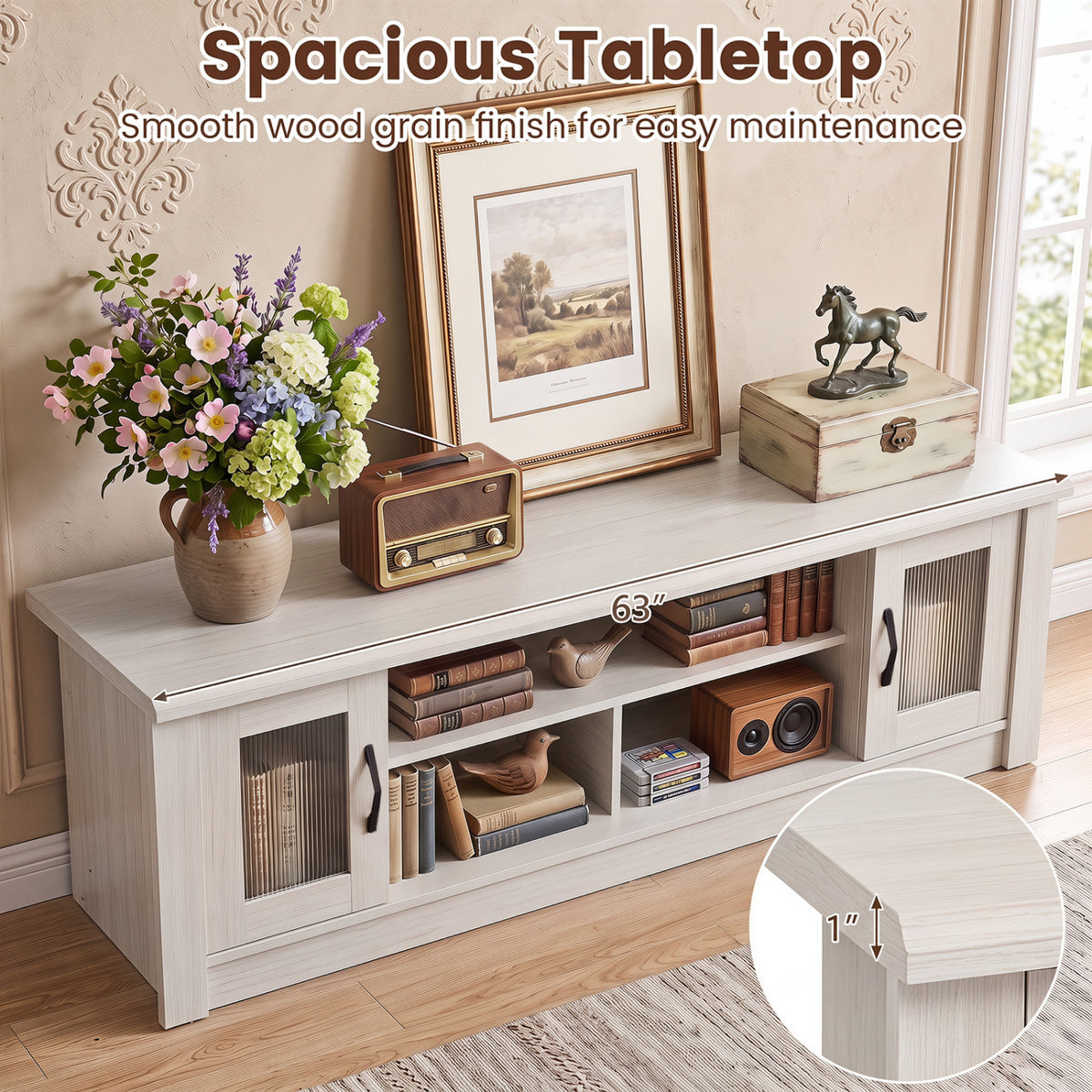 63â Wooden Farmhouse TV Stand for 70" TVs with 2 Fluted Doors and 3 Open Compartments