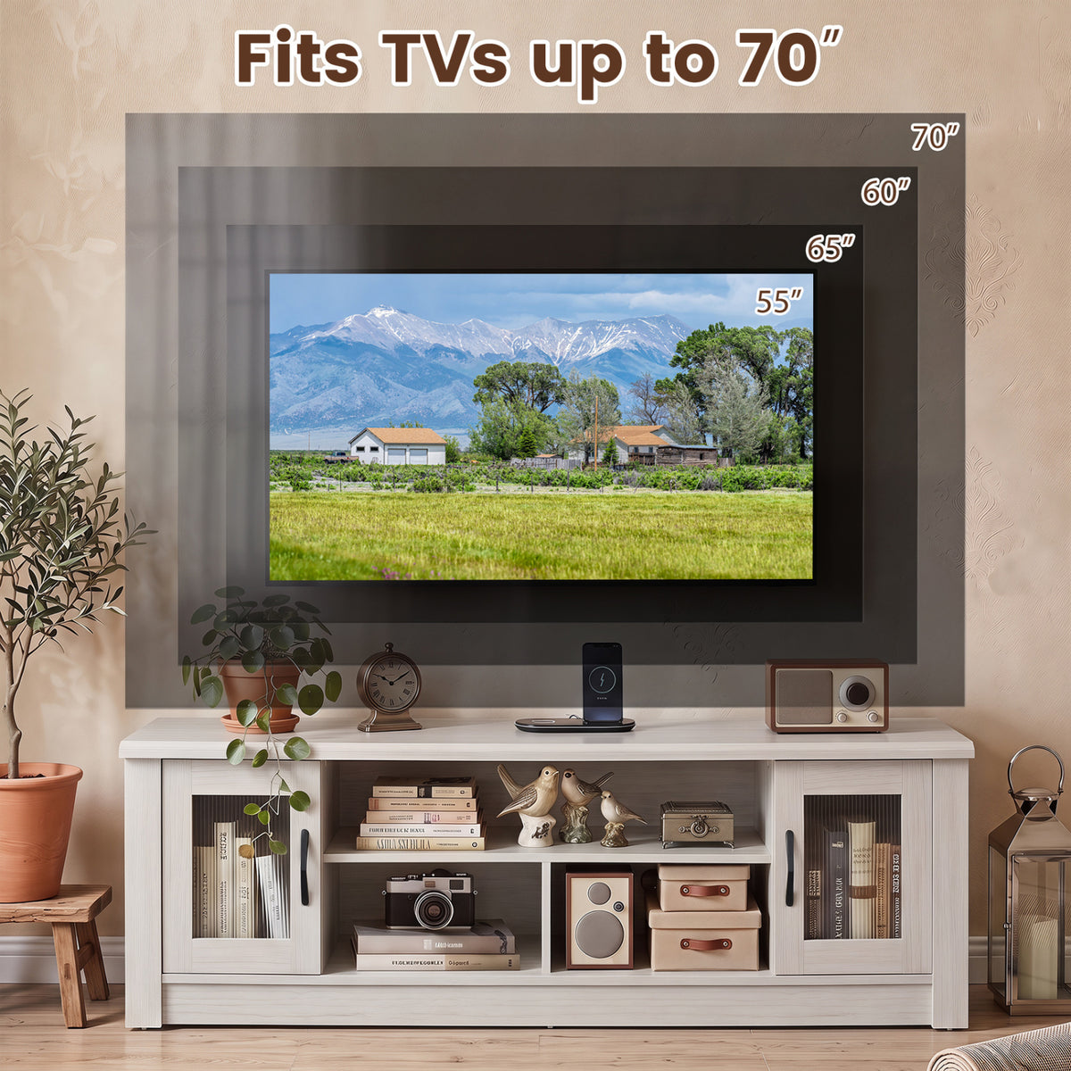 63â Wooden Farmhouse TV Stand for 70" TVs with 2 Fluted Doors and 3 Open Compartments