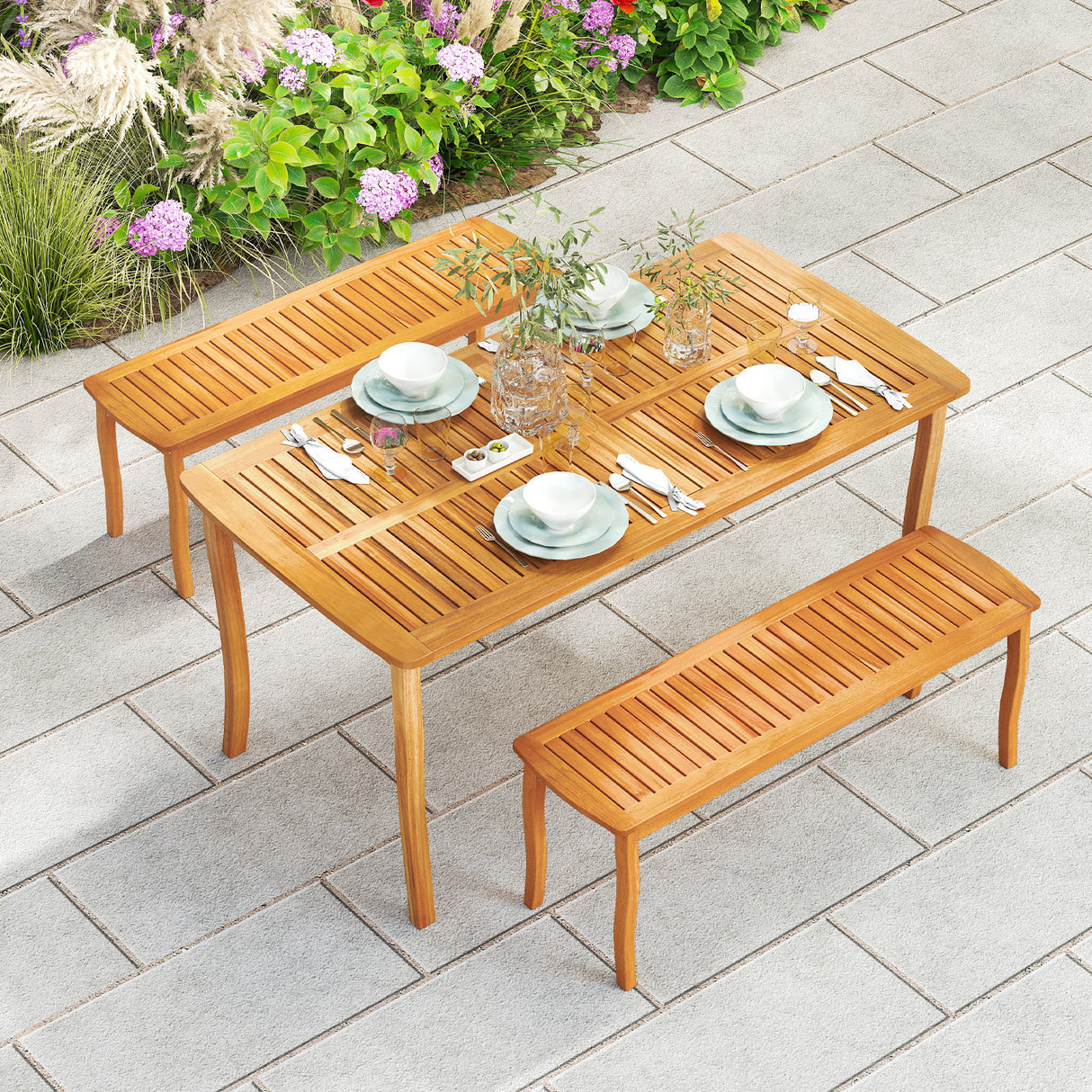 63 inch Outdoor Dining Table with Umbrella Hole Farmhouse Bistro Dinette Furniture