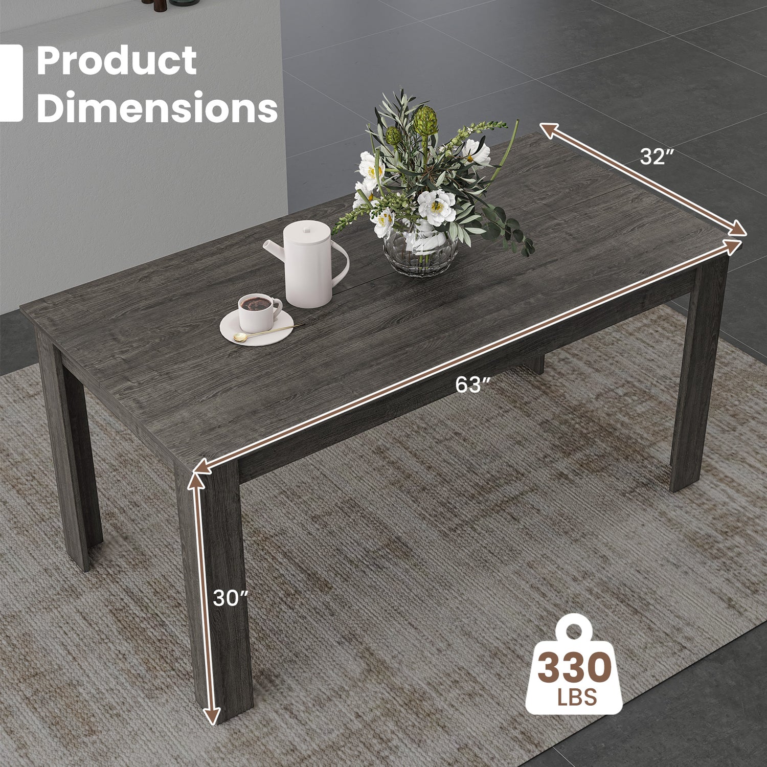 63 Inch Rectangular Modern Dining Kitchen Table for 6 People