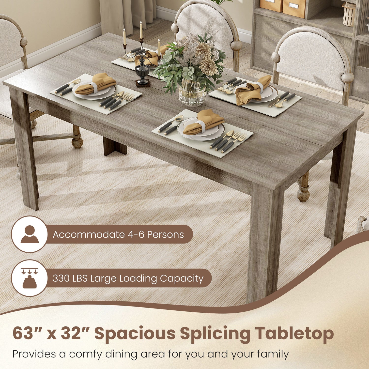 63 Inch Rectangular Modern Dining Kitchen Table for 6 People