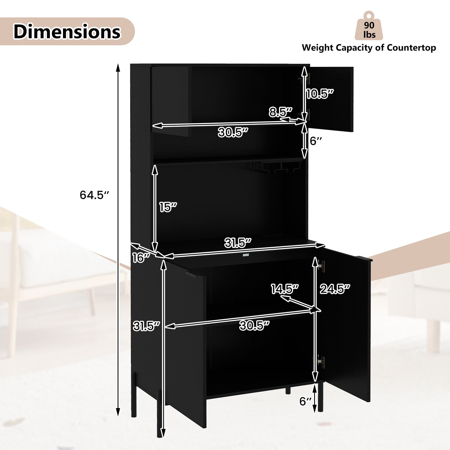 64.5 Inches Tall Kitchen Pantry Cabinet with Charging Station and Wine Glass Rack