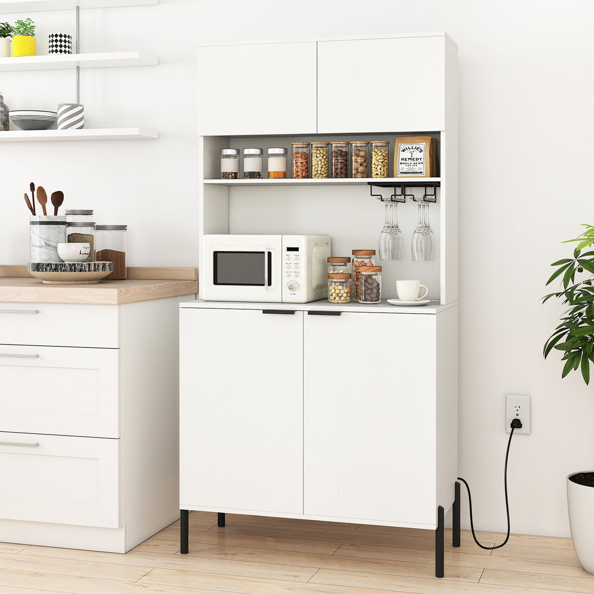 64.5 Inches Tall Kitchen Pantry Cabinet with Charging Station and Wine Glass Rack