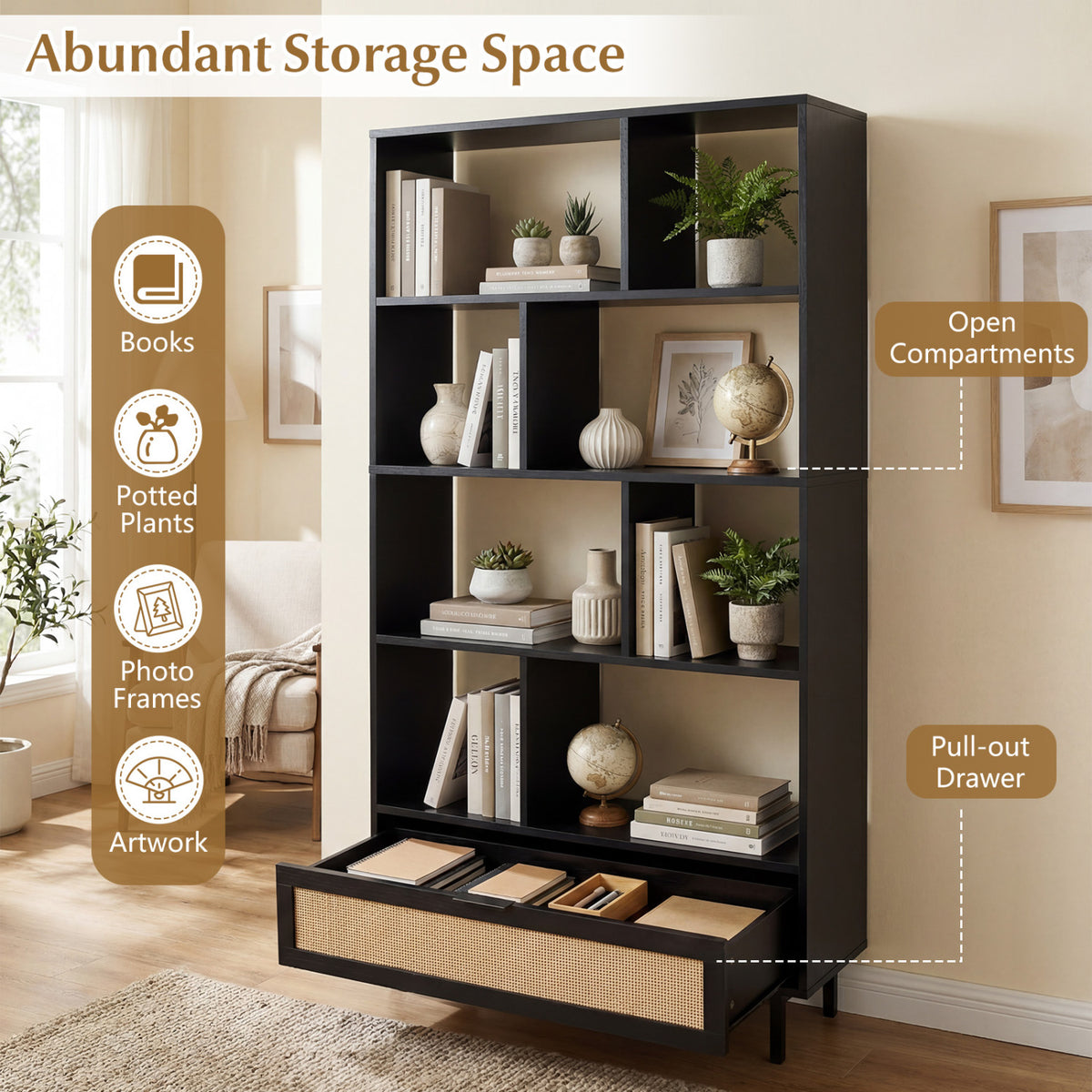 6-Tier Tall Wooden Bookcase with 8 Open Cubes