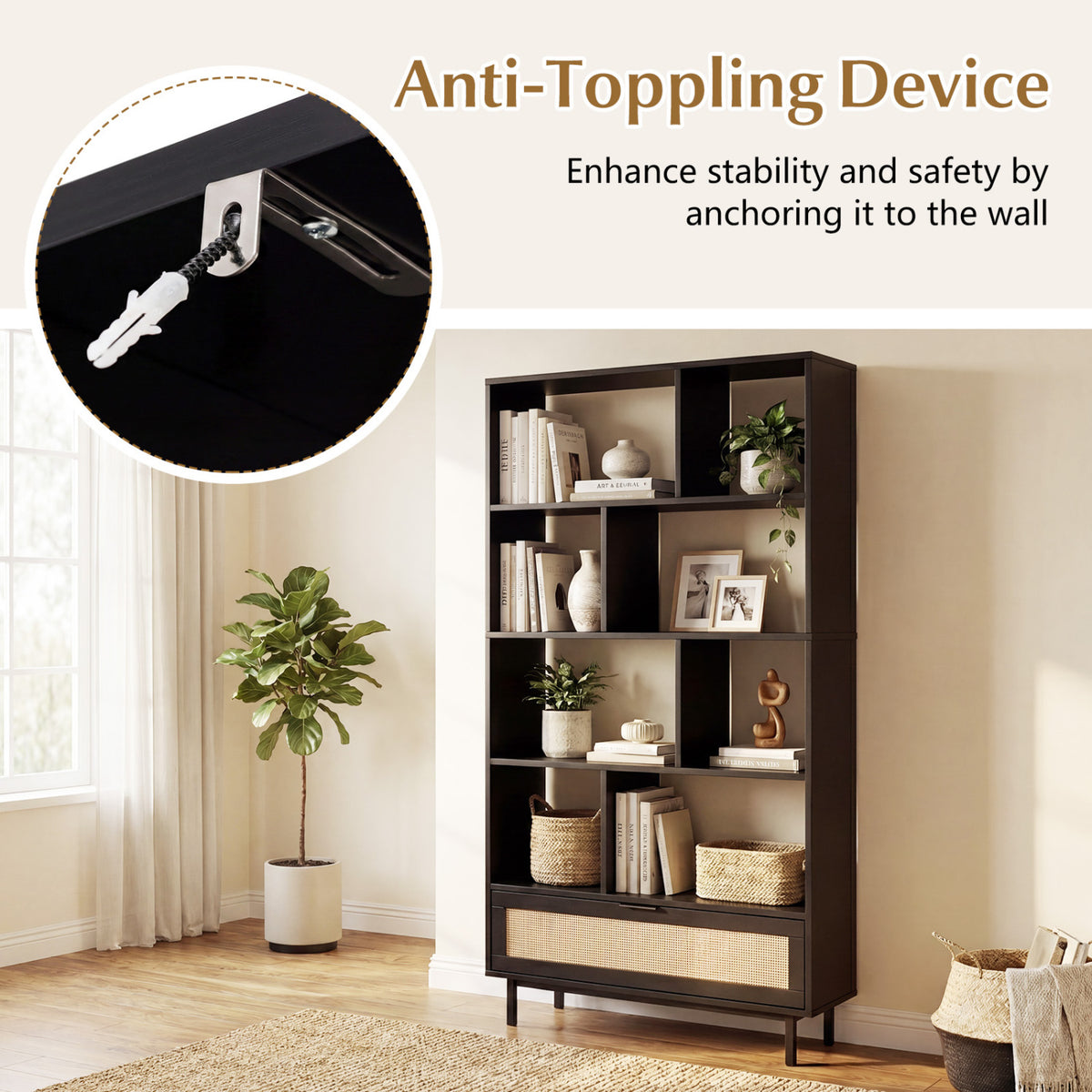 6-Tier Tall Wooden Bookcase with 8 Open Cubes