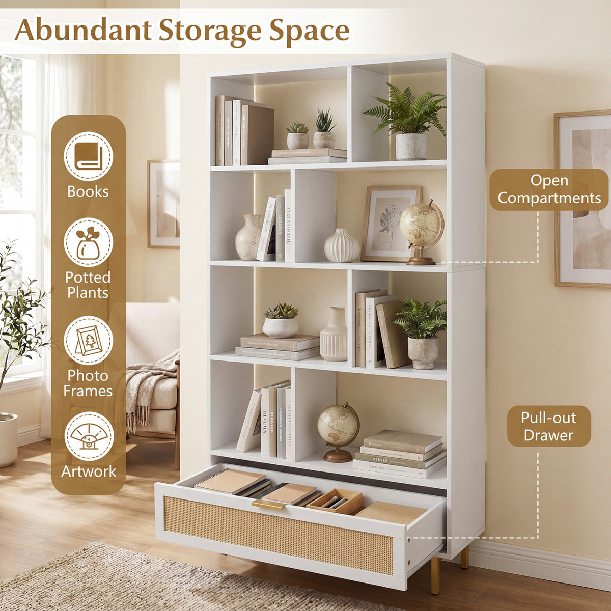 6-Tier Tall Wooden Bookcase with 8 Open Cubes