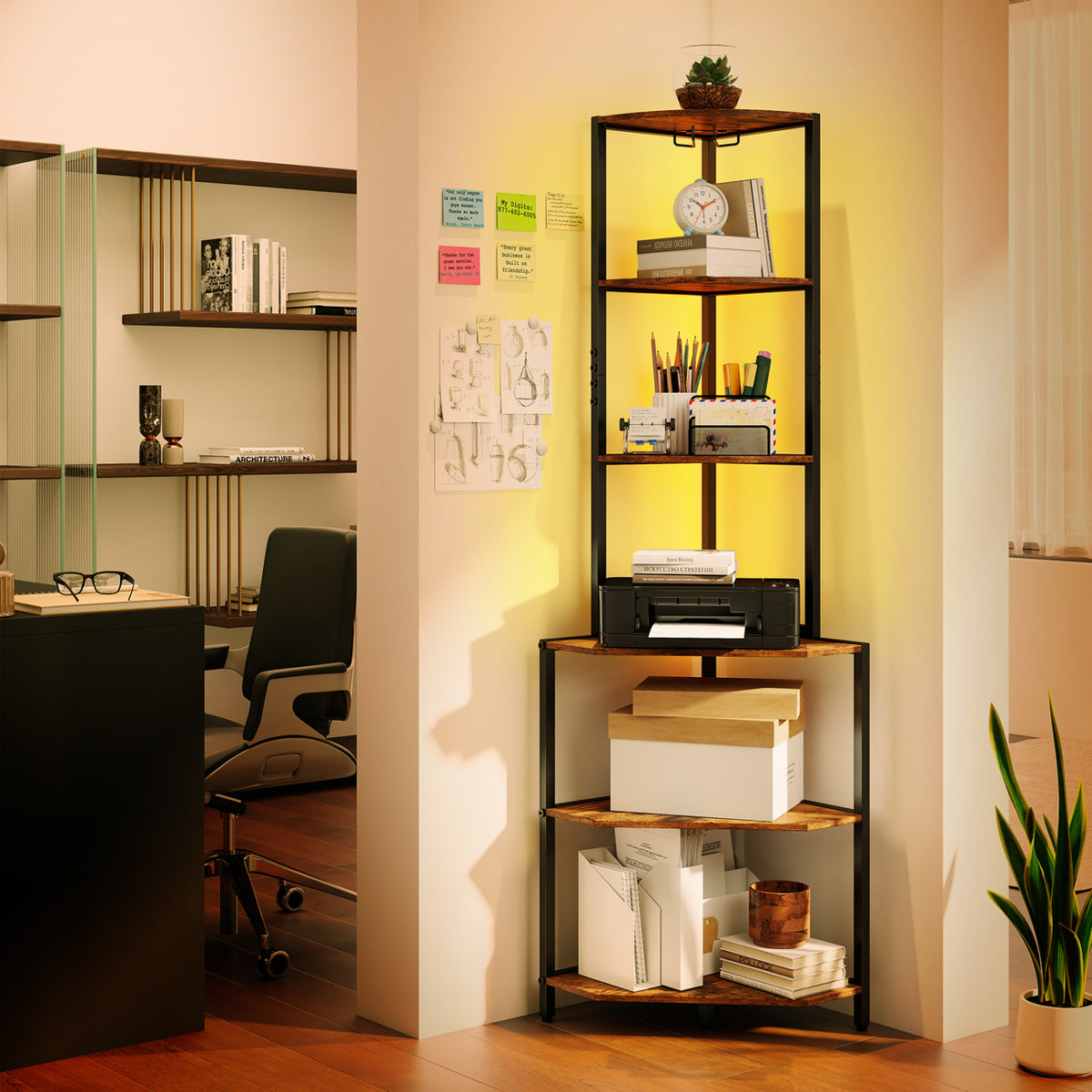6-Tier Corner Shelf with Charging Station and Ambience Light