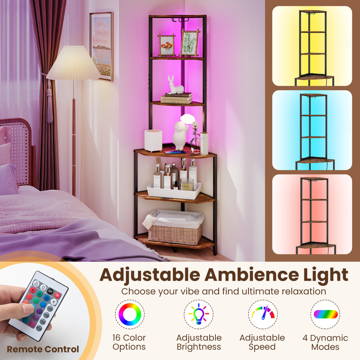 6-Tier Corner Shelf with Charging Station and Ambience Light