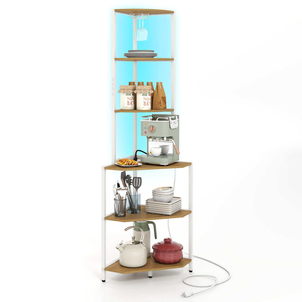 6-Tier Corner Shelf with Charging Station and Ambience Light
