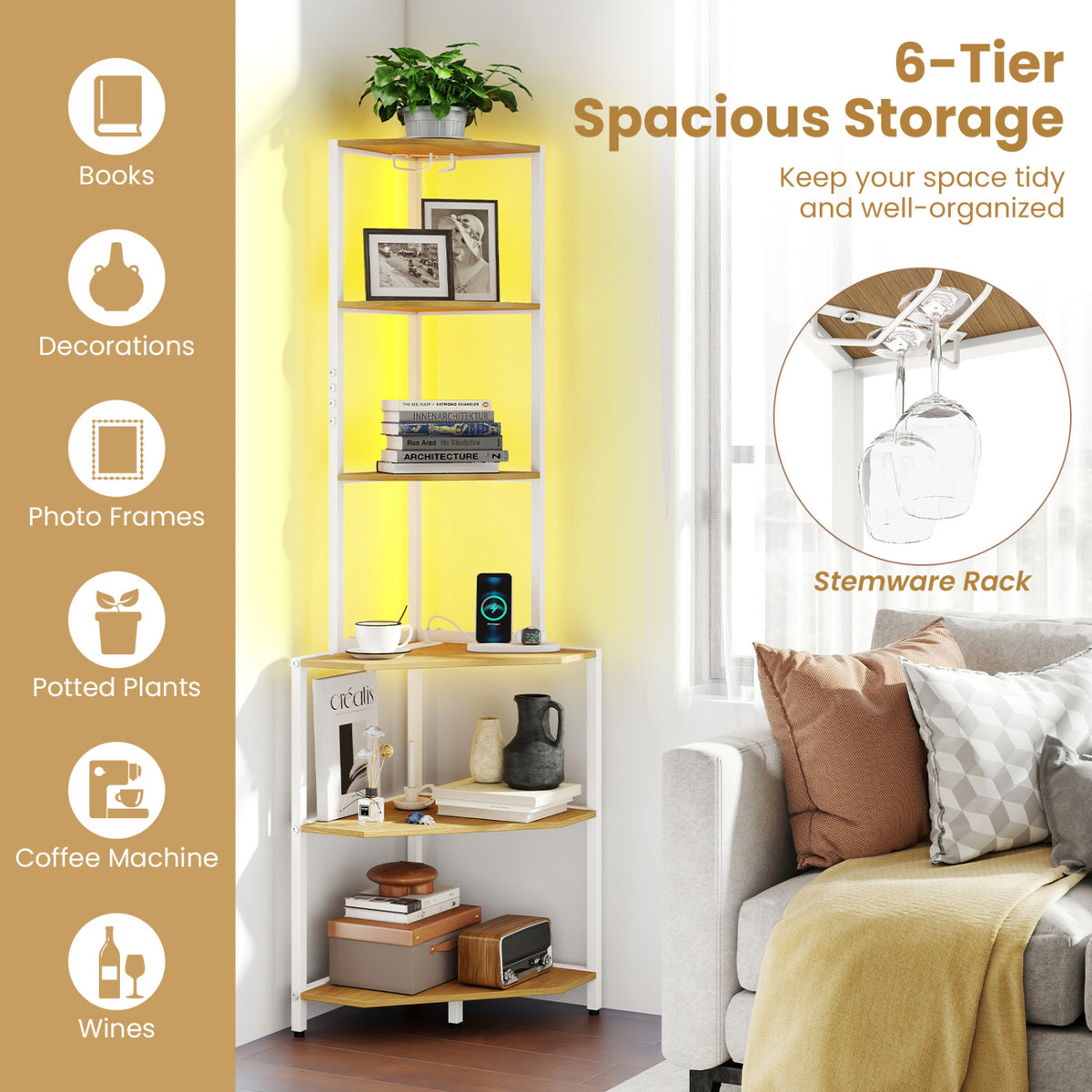 6-Tier Corner Shelf with Charging Station and Ambience Light