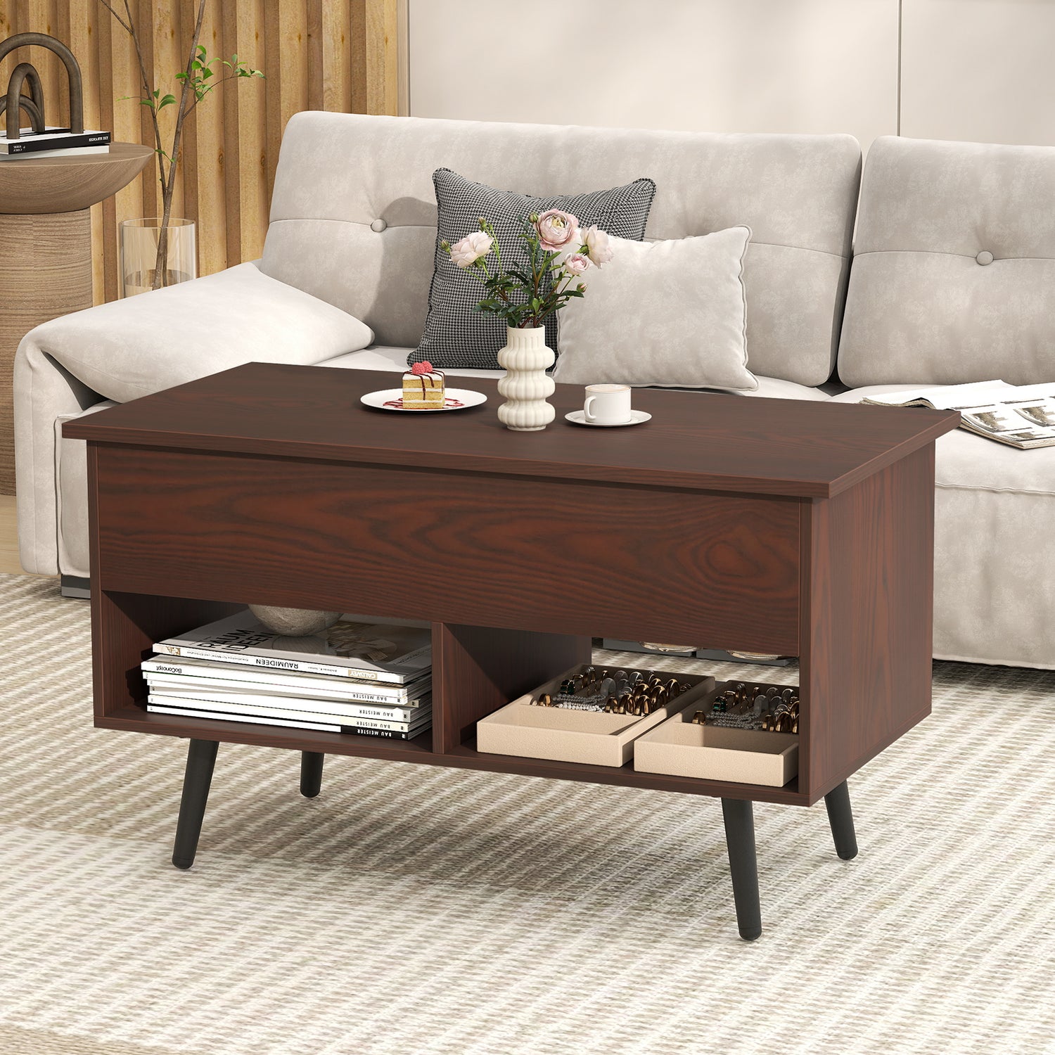 31.5 Inch Lift Top Coffee Table with Hidden Compartment and 2 Storage Shelves