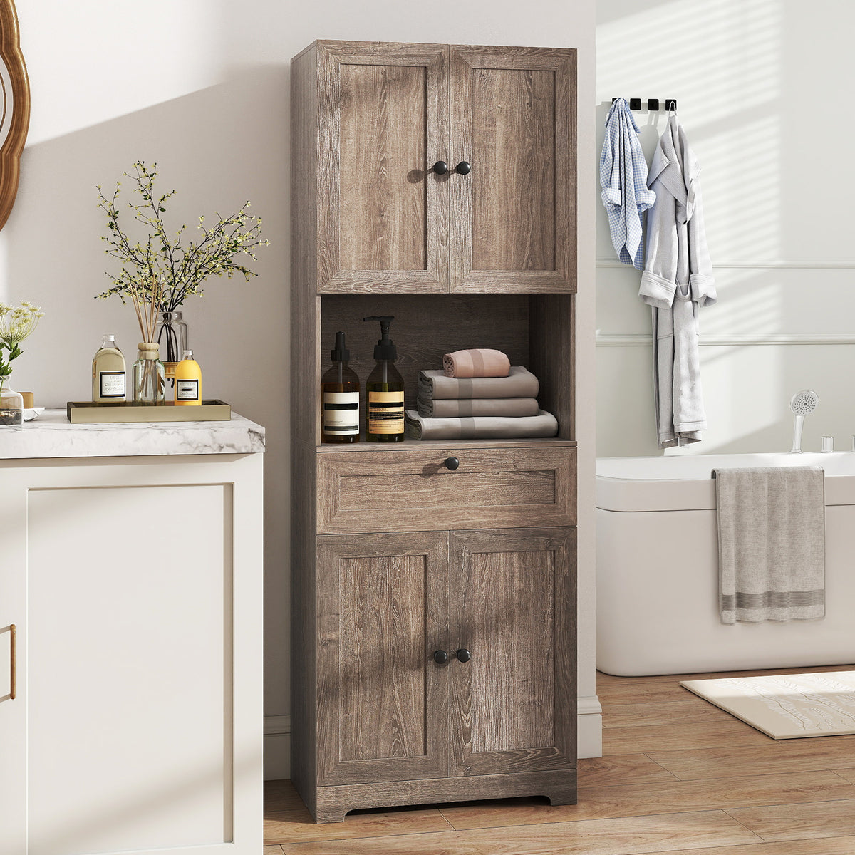 67.5 Inch Tall Modern Freestanding Floor Storage Cabinet with 4 Doors and 1 Drawer