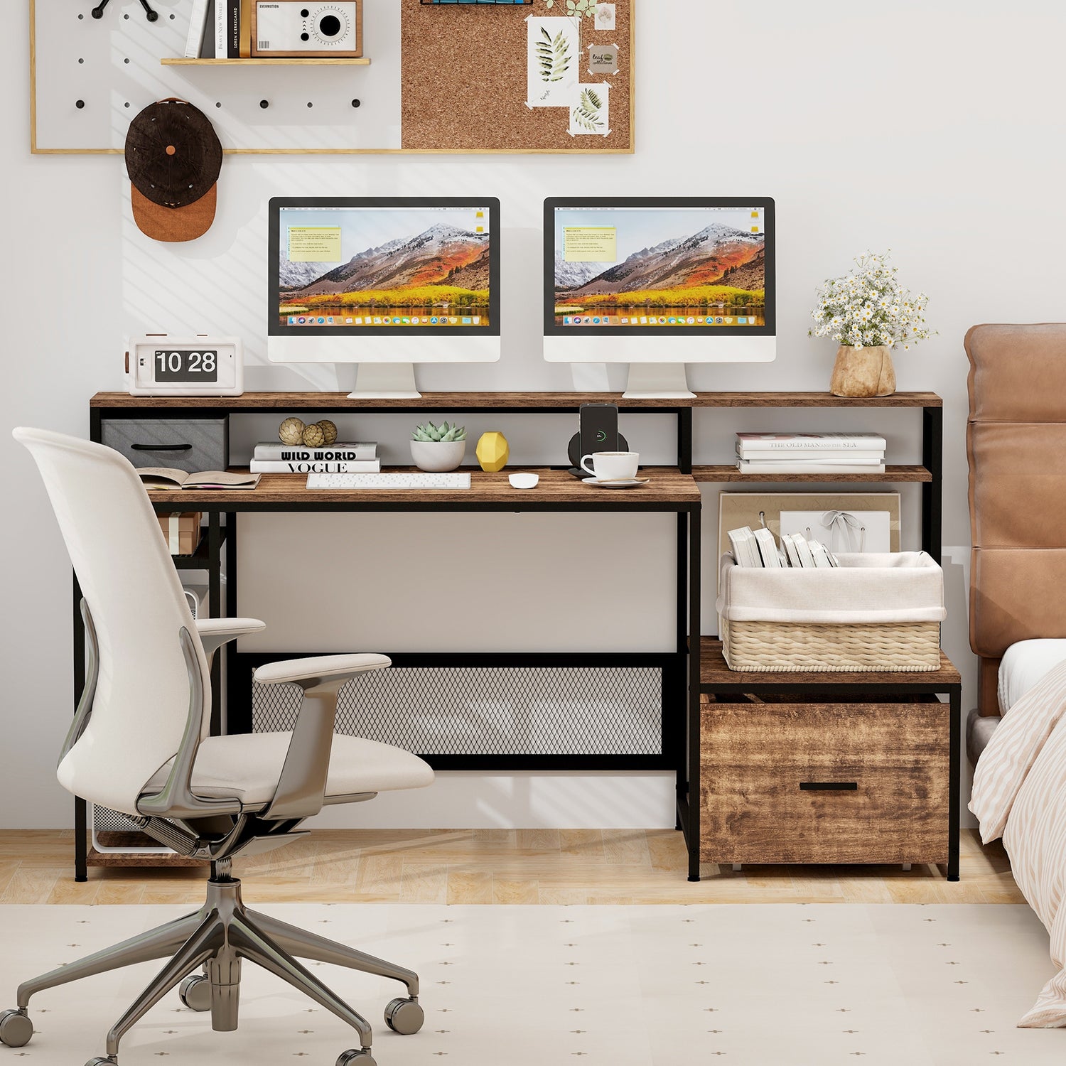 67 Inch Computer Desk with Monitor Stand & File Drawer