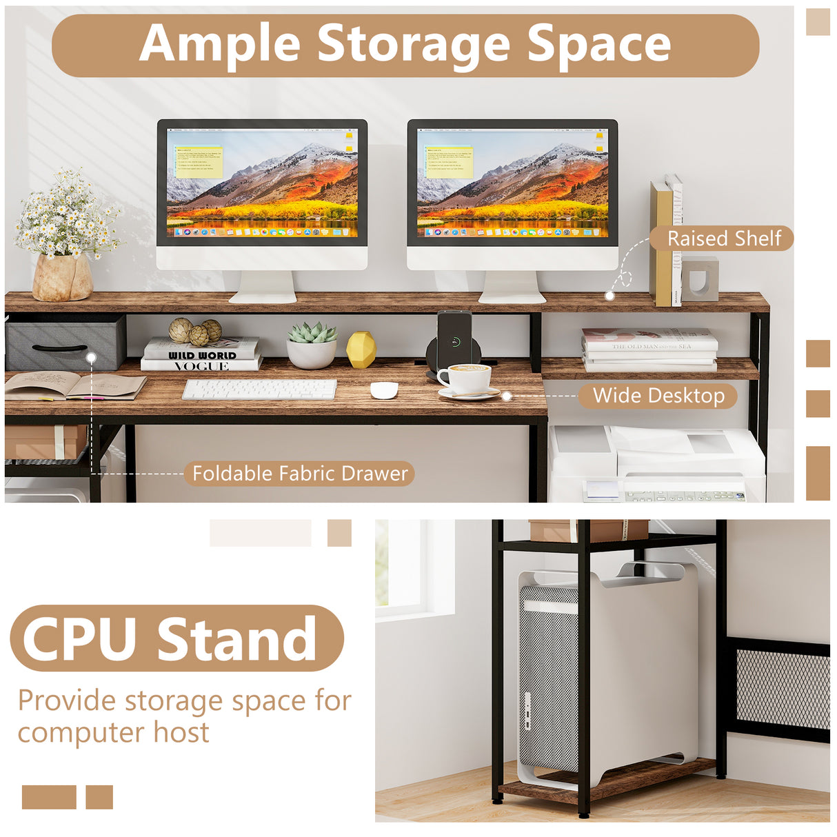 67 Inch Computer Desk with Monitor Stand & File Drawer