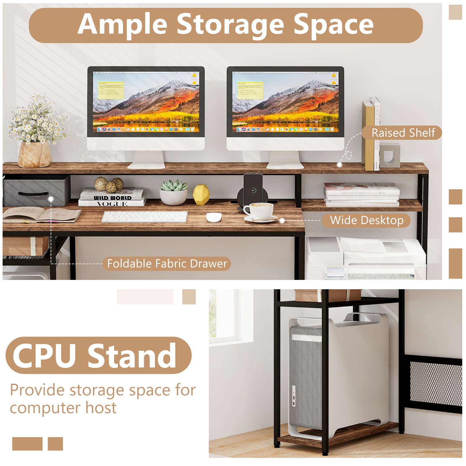 67 Inch Computer Desk with Monitor Stand & File Drawer