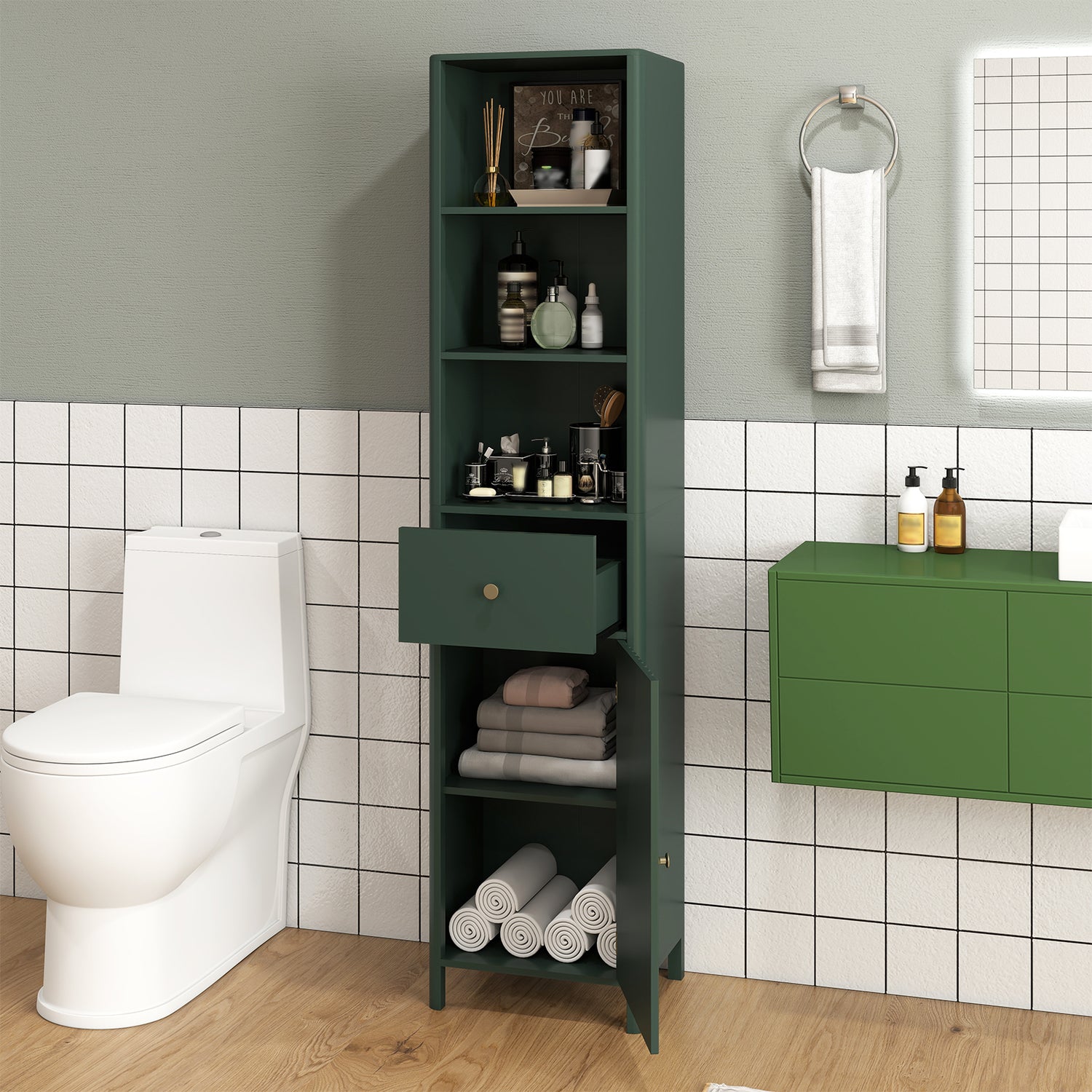 67 Inch Tall Bathroom Cabinet Narrow Floor Cabinet with Fluted Door