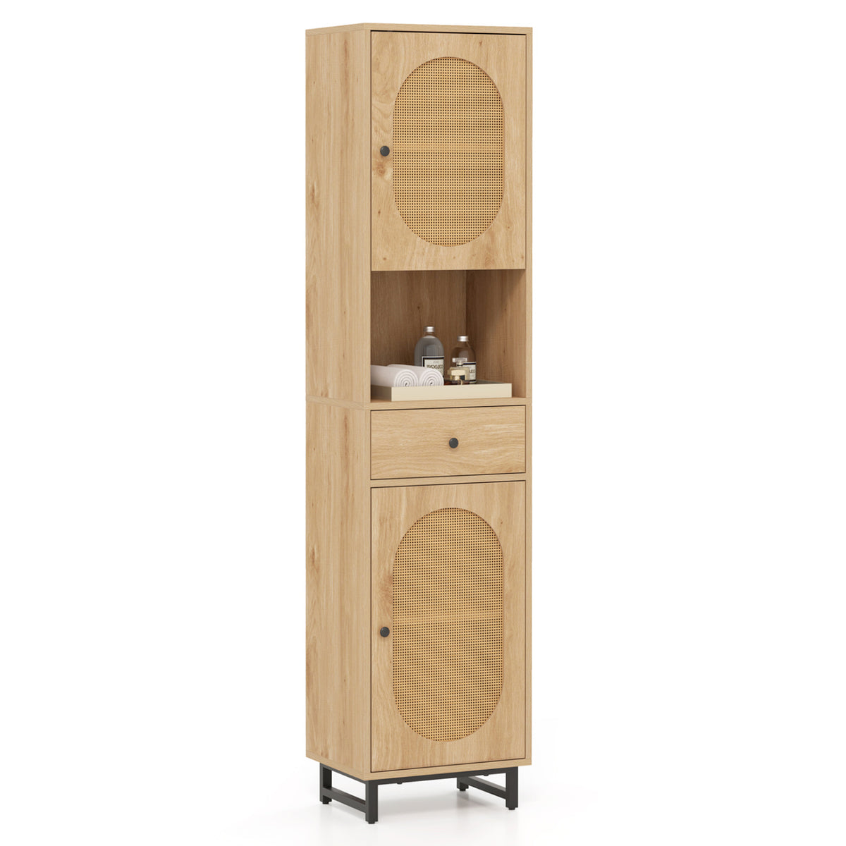 67 Inch Tall Bathroom Cabinet PE Rattan Floor Cabinet with 2 Doors-Natural