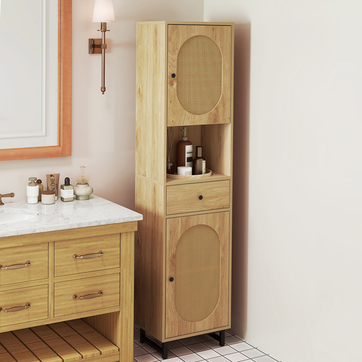 67 Inch Tall Bathroom Cabinet PE Rattan Floor Cabinet with 2 Doors-Natural