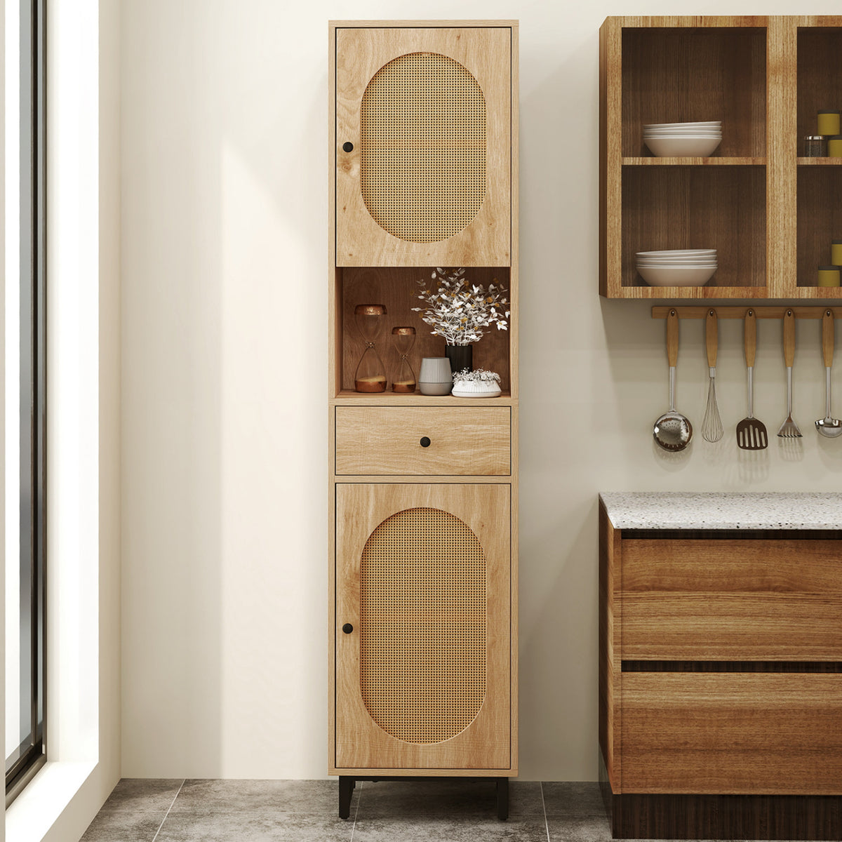 67 Inch Tall Bathroom Cabinet PE Rattan Floor Cabinet with 2 Doors-Natural