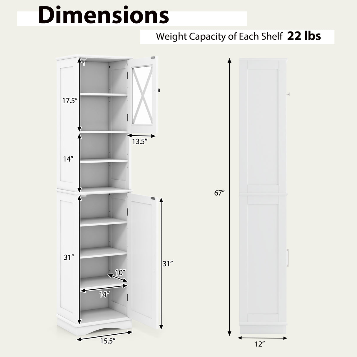 67 Inch Tall Bathroom Cabinet Freestanding Storage Cabinet with 5 Adjustable Shelves
