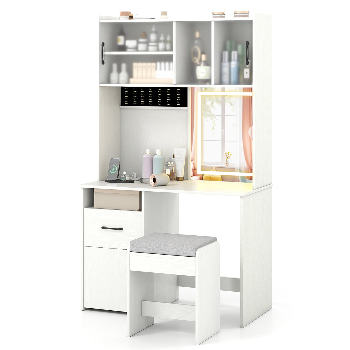 67 Inches Tall Vanity Set with Mirror Makeup Dressing Table with Charging Station-White