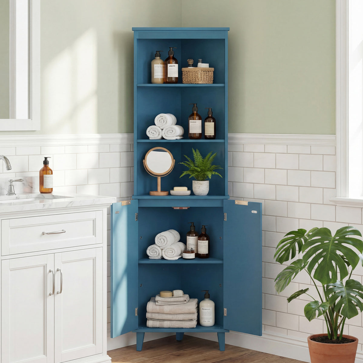 68 Inch Tall Bathroom Floor Storage Cabinet with Fluted Doors