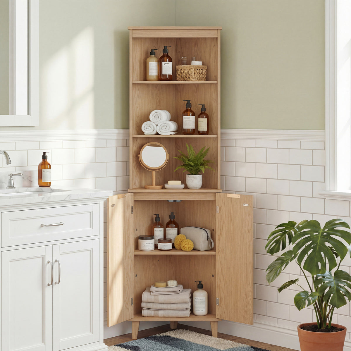 68 Inch Tall Corner Cabinet with Fluted Doors for Bathroom