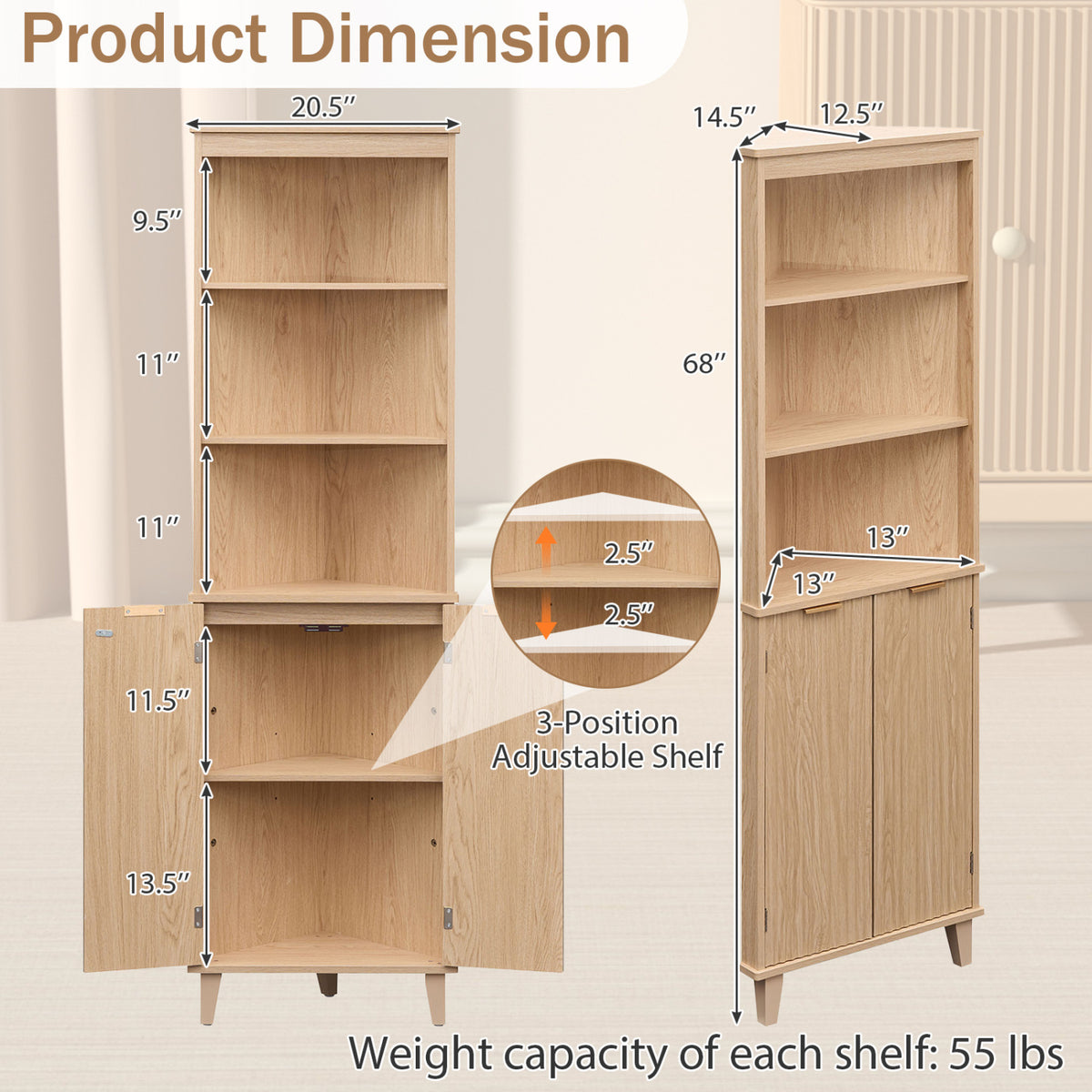 68 Inch Tall Corner Cabinet with Fluted Doors for Bathroom