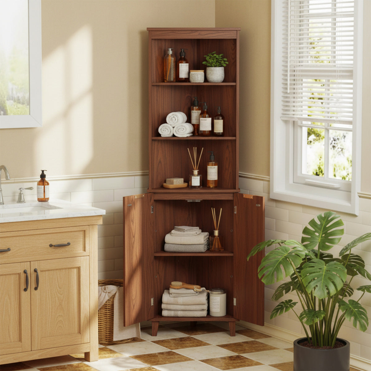 68 Inch Tall Corner Cabinet with Fluted Doors for Bathroom