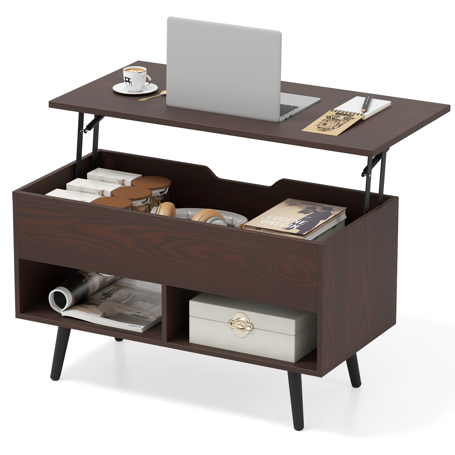 31.5 Inch Lift Top Coffee Table with Hidden Compartment and 2 Storage Shelves