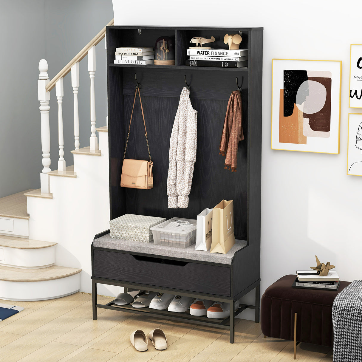 69 Inches Tall Hall Tree 4-in-1 Coat Rack with Seat Cushion and Shoe Storage