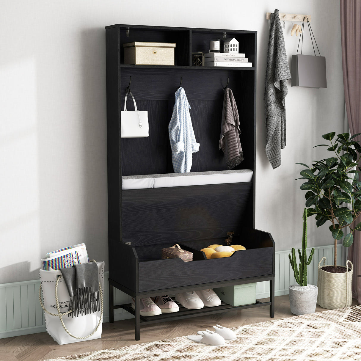69 Inches Tall Hall Tree 4-in-1 Coat Rack with Seat Cushion and Shoe Storage