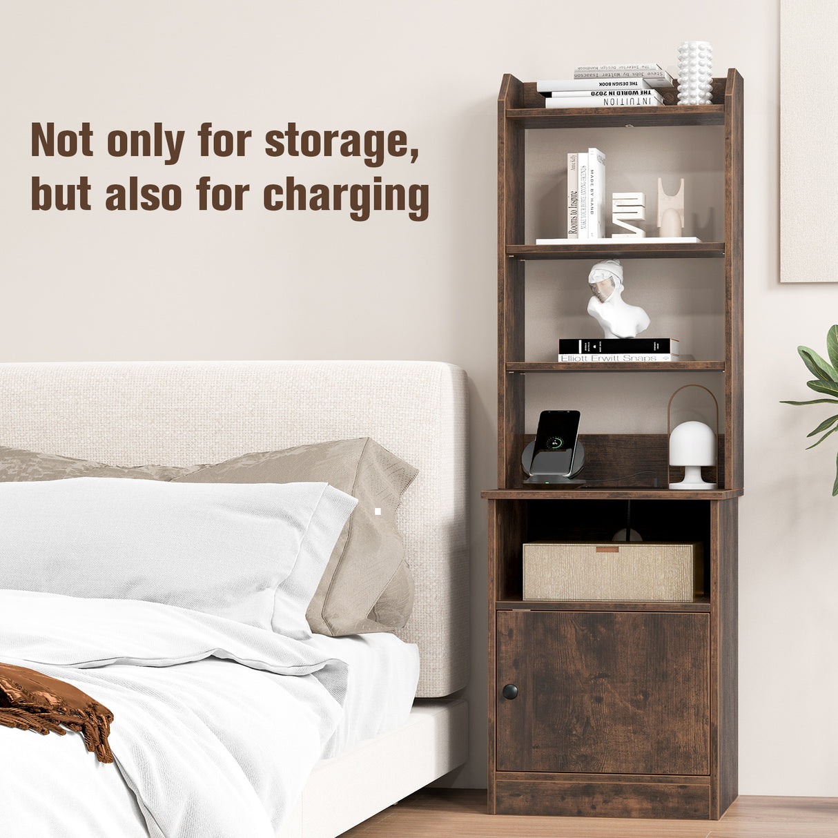 6-Tier Bookshelf Nightstand with Charging Station and Cabinet-Rustic Brown