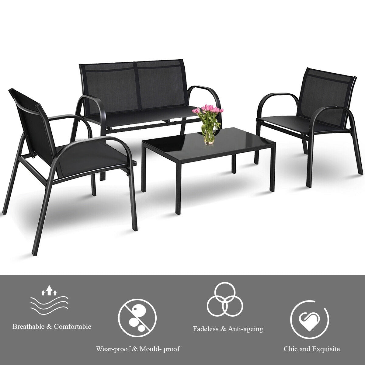 4 Pcs Patio Steel Frame Coffee Table Furniture Set