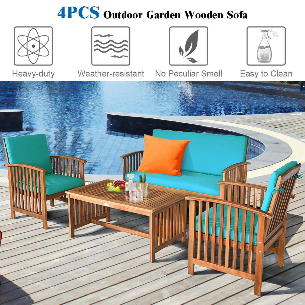 4 Pieces Patio Solid Wood Furniture Set
