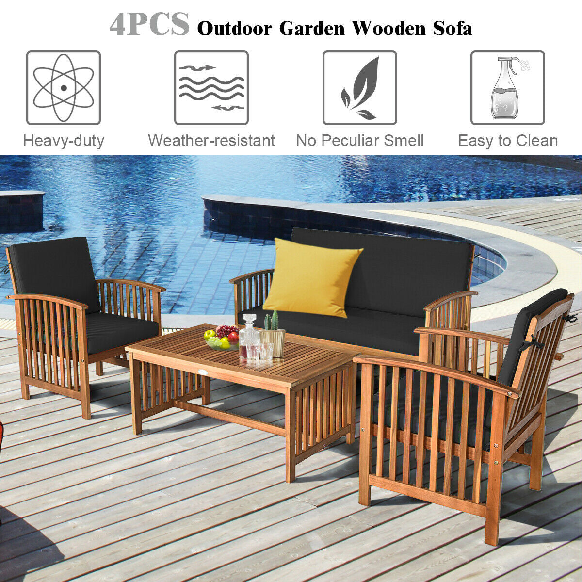 4 Pieces Patio Solid Wood Furniture Set