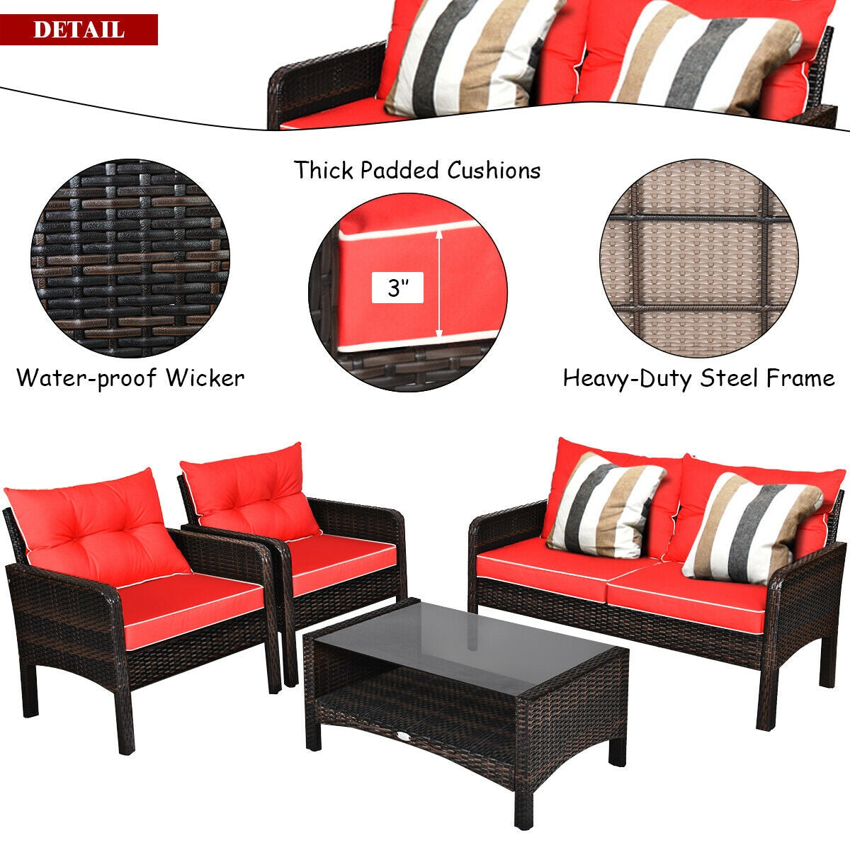 4 Pieces Outdoor Rattan Wicker Loveseat Furniture Set with Cushions
