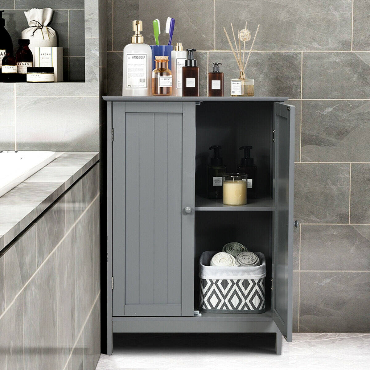 Bathroom Floor Storage Double Door Cupboard Cabinet
