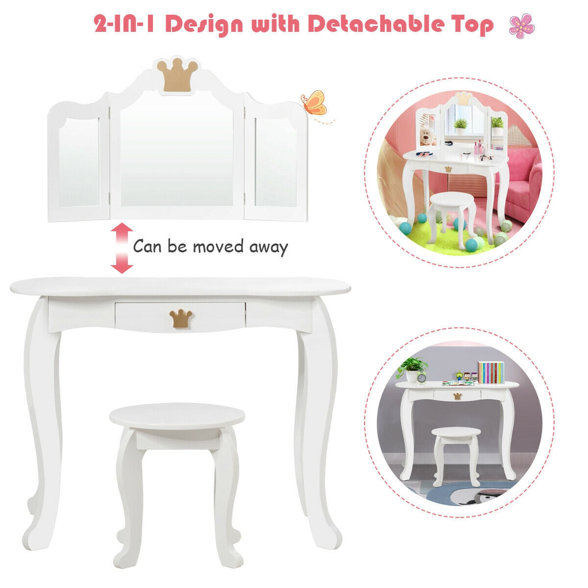 Kids Makeup Dressing Table with Tri-folding Mirror and Stool