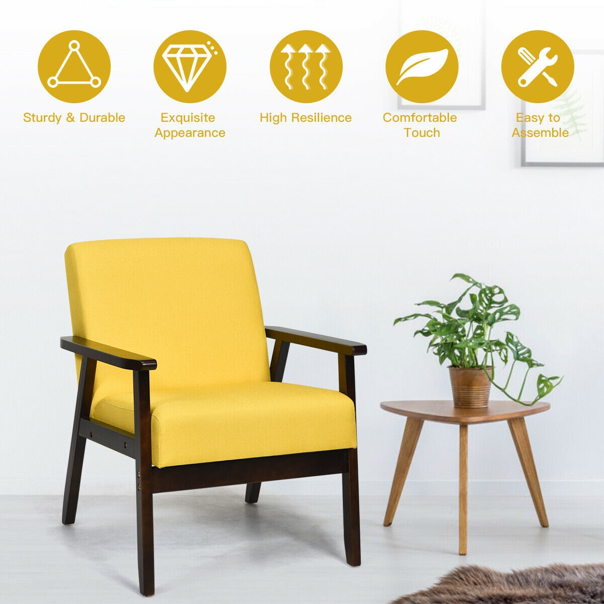 Solid Rubber Wood Fabric Accent Armchair