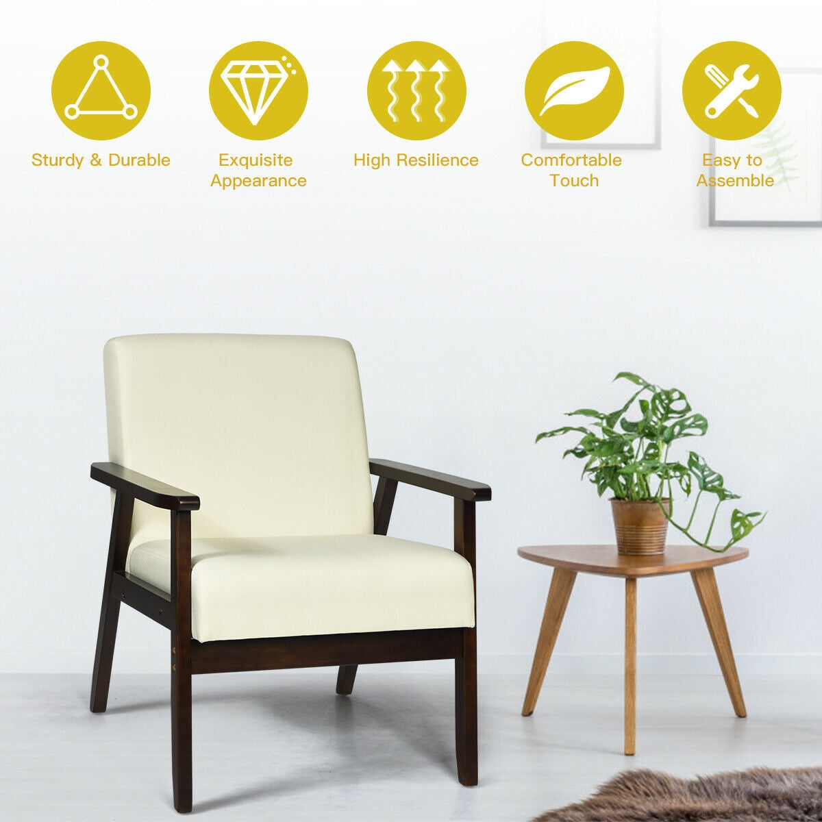 Solid Rubber Wood Fabric Accent Armchair